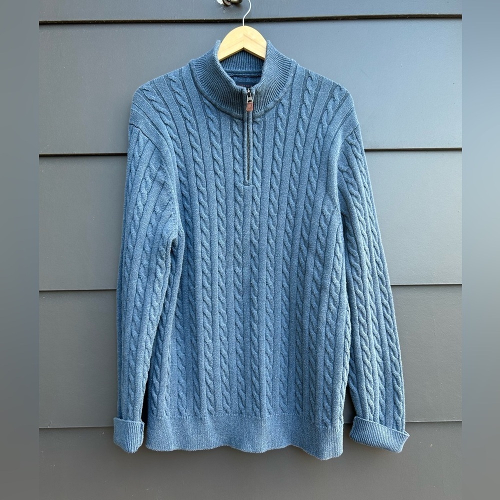 Blue Cable Knit 1/4 Zip Cotton Sweater - Size XL